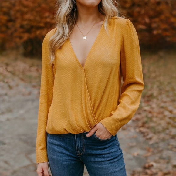 Everly Tops - NWT Everly mustard faux wrap top ❤️